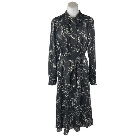 H&M Black White Printed Tie Neck Long Sleeve Blouse Midi Skirt 2-Piece Set Sz 14 - Picture 1 of 7
